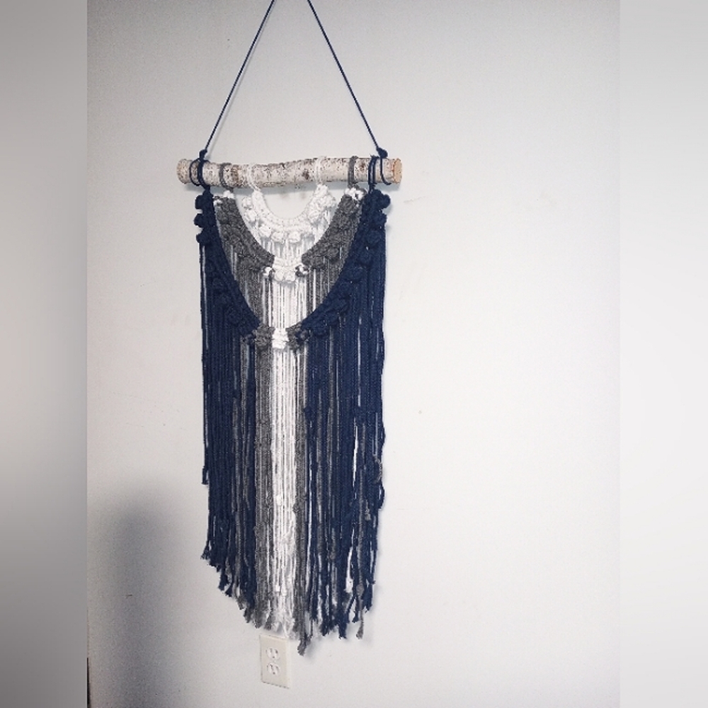 💙🩶🤍 Handmade Birch Wood Macrame Wall Hanging deco home decoration - Picture 2 of 9